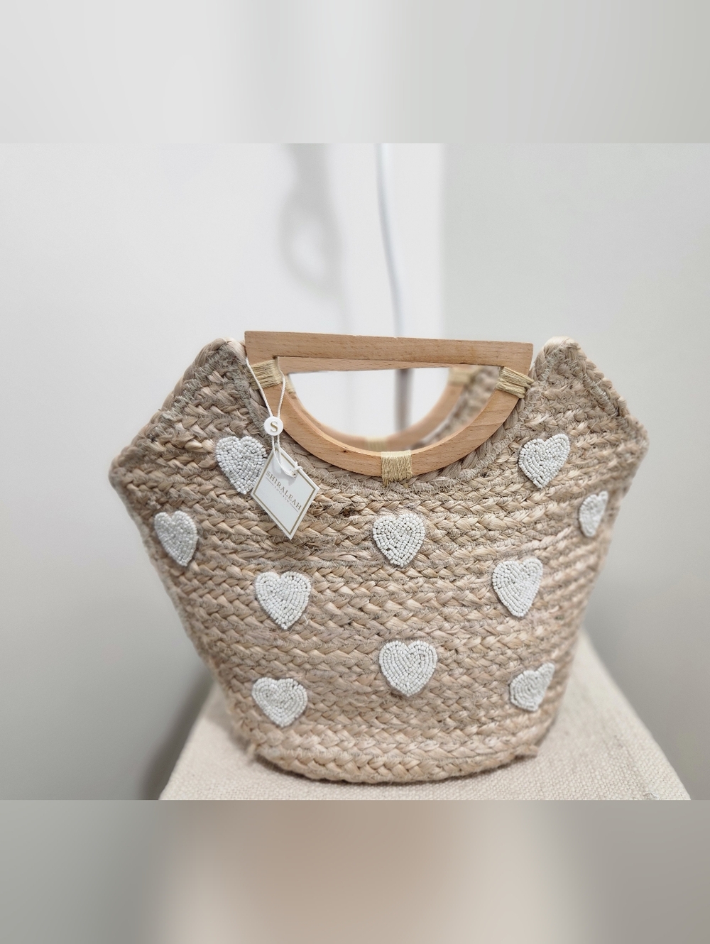 Shiraleah Natural Woven Heart Tote Bag with Wooden Handles
